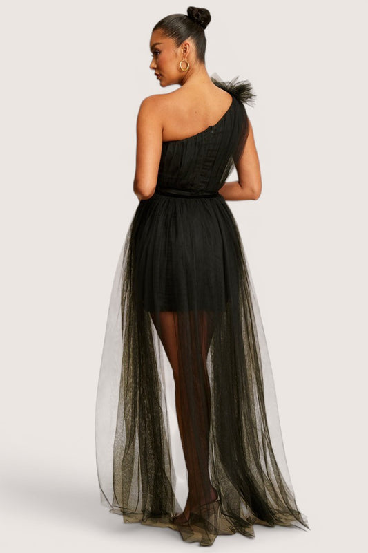 Vestido Largo Tul corto largo Un hombro Negro