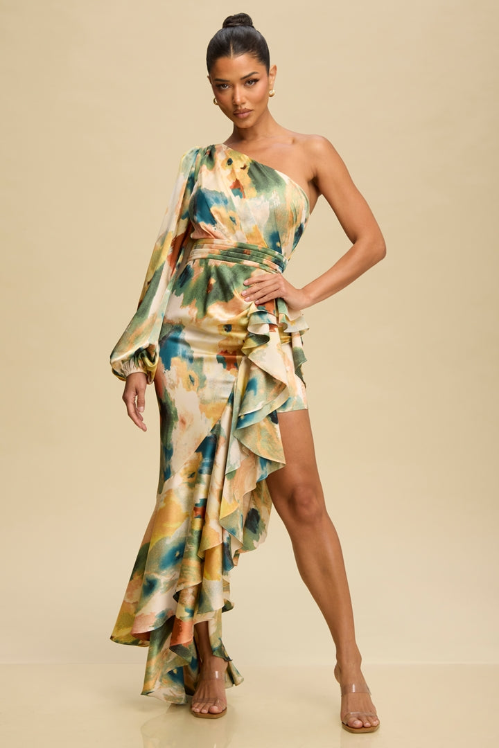 Vestido Asimétrico Estampado con Volantes-Preventa