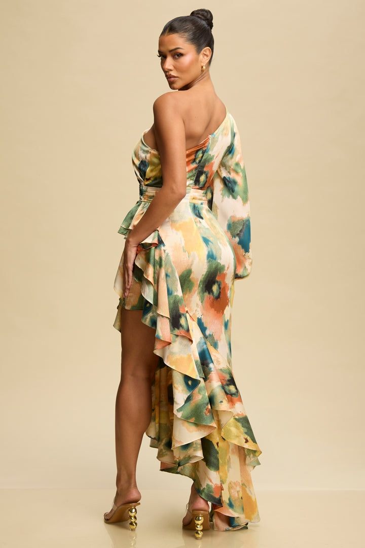 Vestido Asimétrico Estampado con Volantes-Preventa