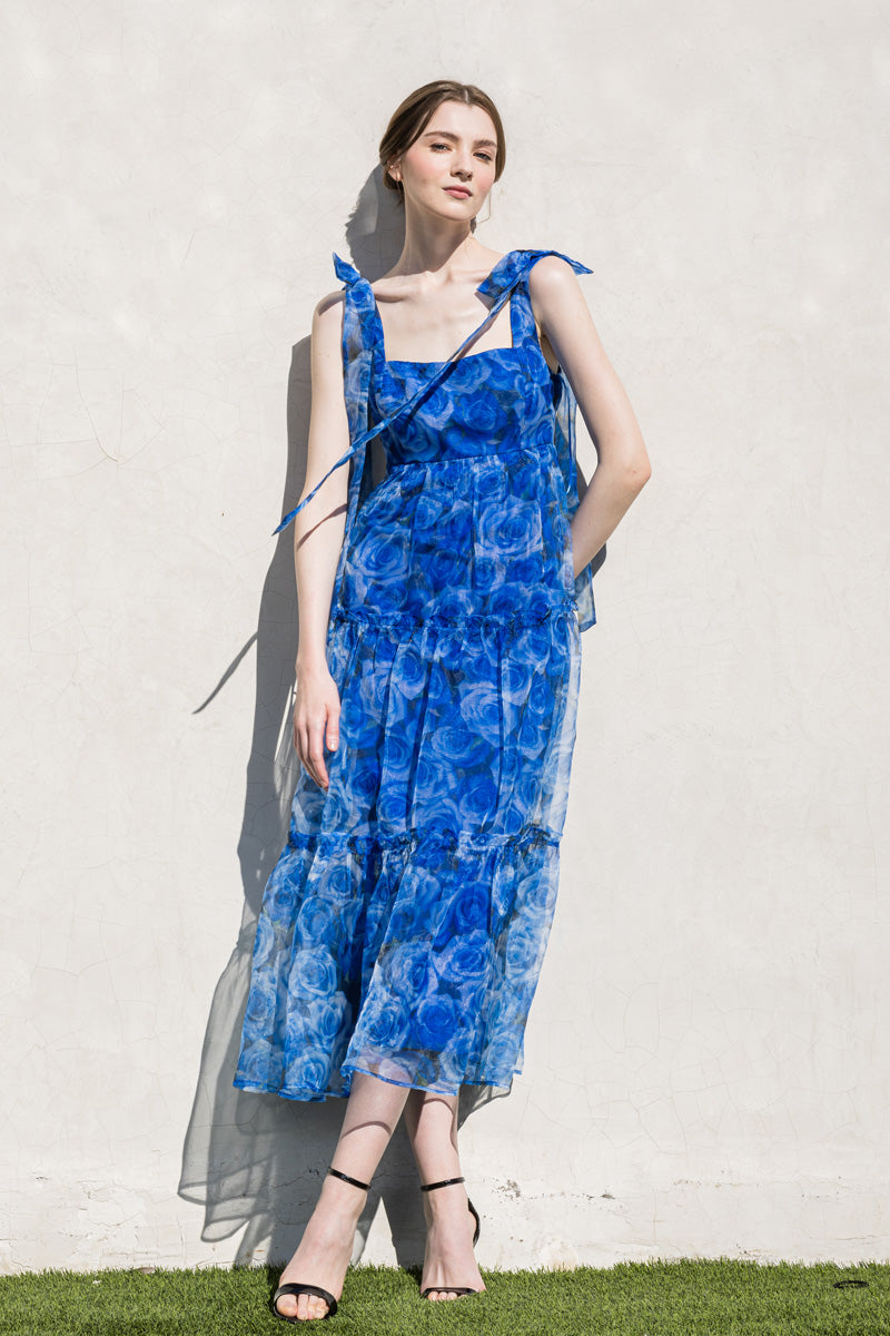 Vestido Midi  organza con Flores Azul