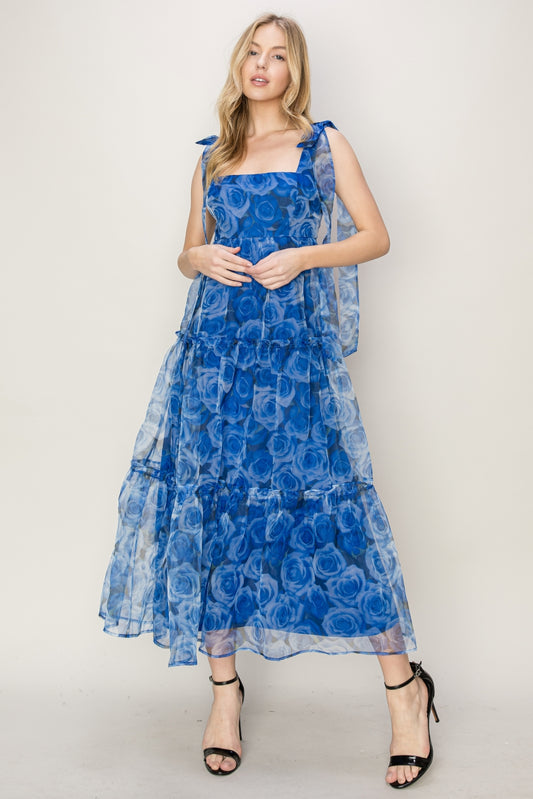 Vestido Midi  organza con Flores Azul
