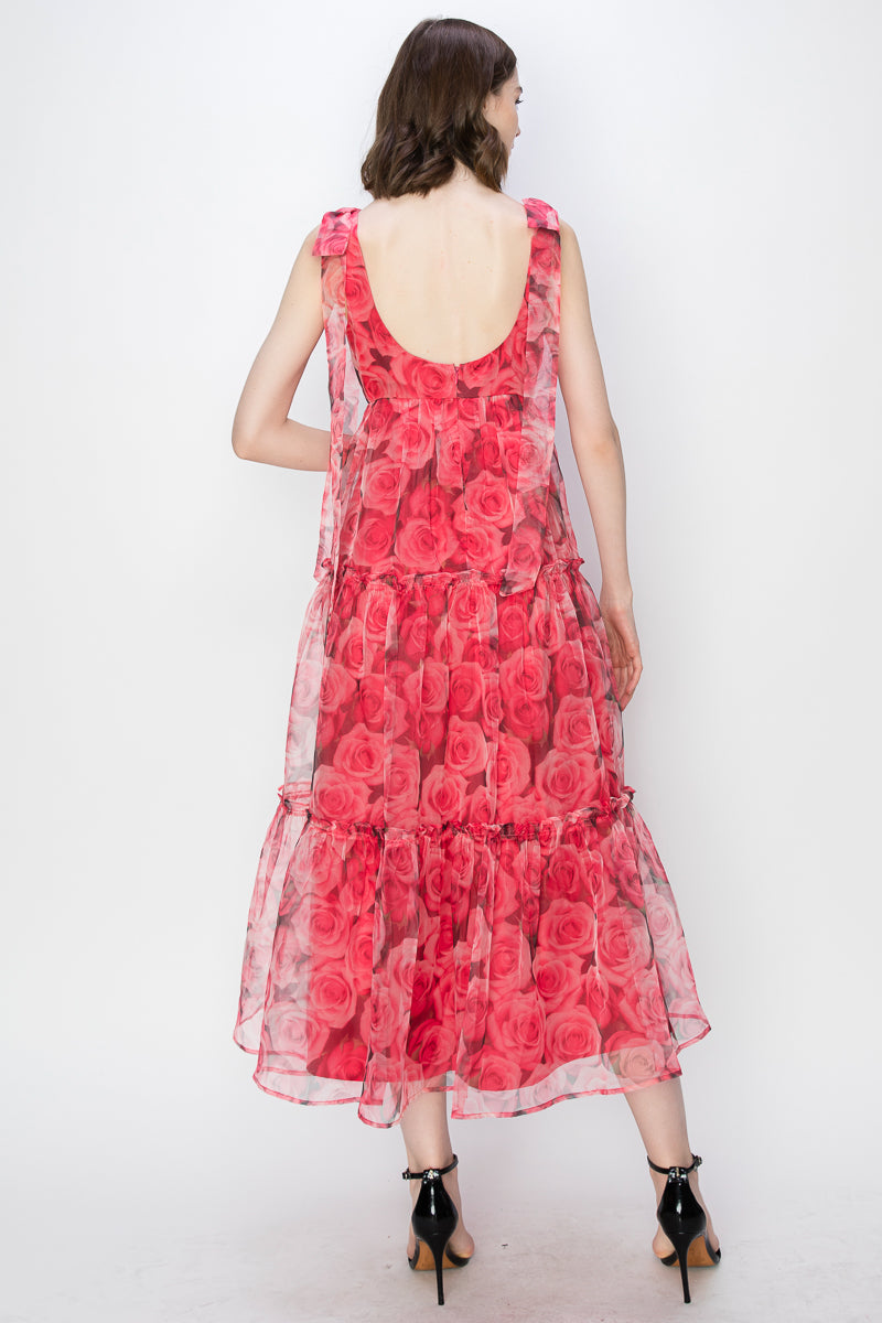 Vestido Midi  organza con Flores Rojo