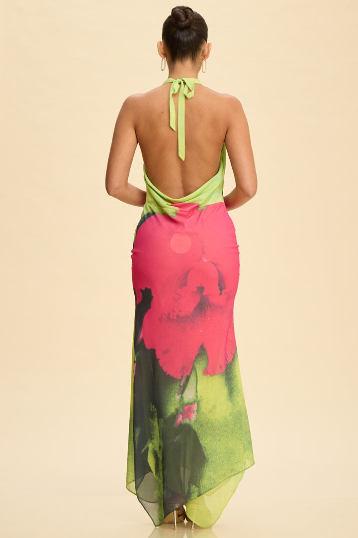 Vestido Largo Halter Floral Verde & Fucsia