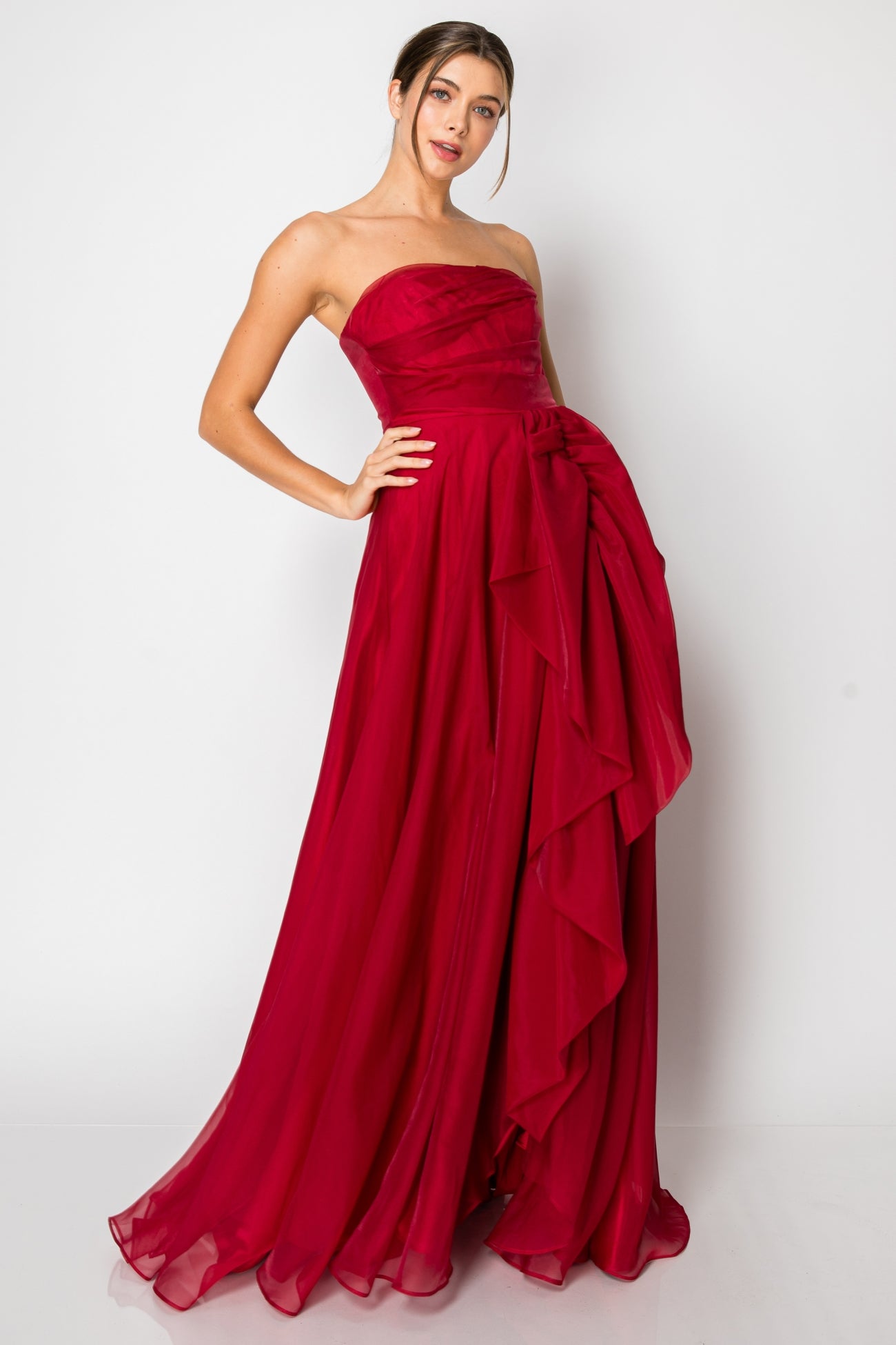 Vestido Largo Organza Dropeado Strapless Rojo quemado
