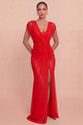 Vestido largo de mesh drapeado con abertura