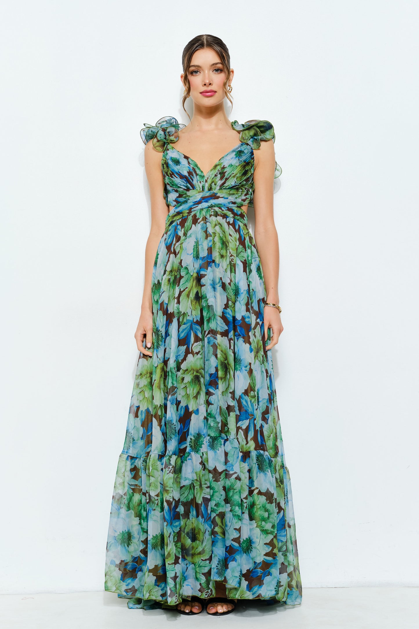 Vestido Maxi Floral con Volantes y Espalda Lace Up Verde