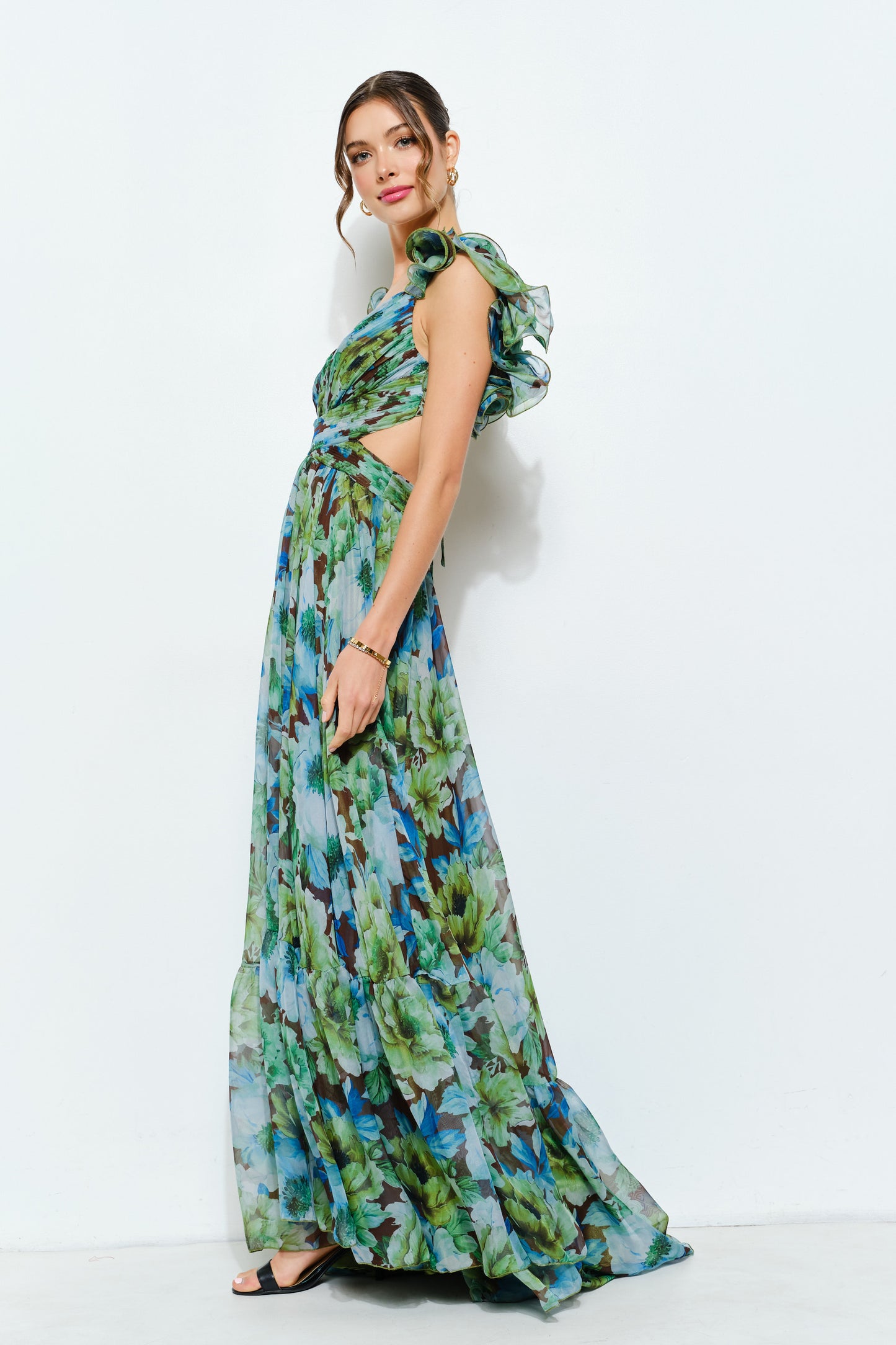 Vestido Maxi Floral con Volantes y Espalda Lace Up Verde