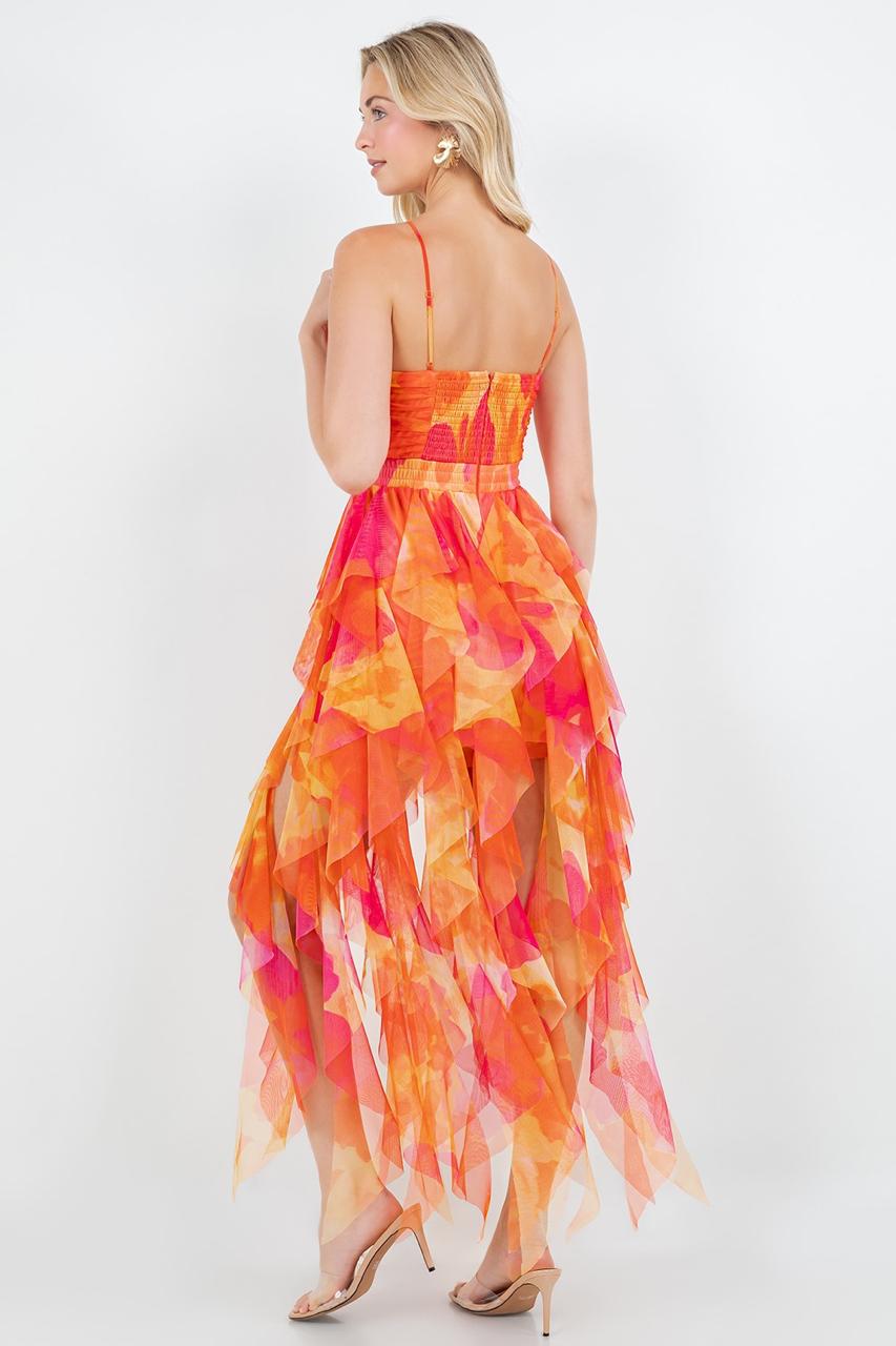 Vestido largo capas print multi naranja