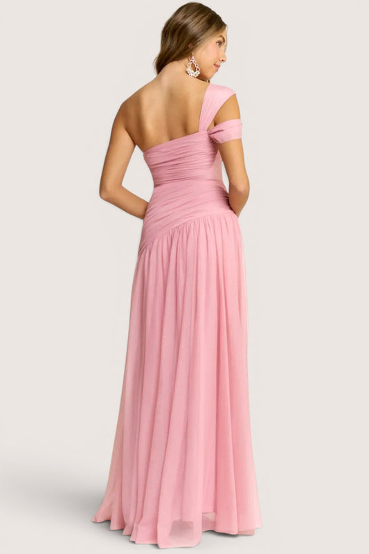 Vestido Largo Tul Un Hombro Drapeado