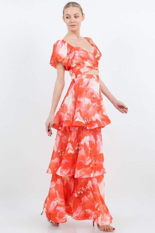 Vestido Largo Vaporoso falda capas Manga Corta Floral
