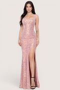 Vestido Largo Rosa Lentejuela con Abertura y Espalda Corset