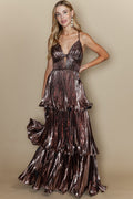 Vestido Largo Metalico Plisado Falda Capas