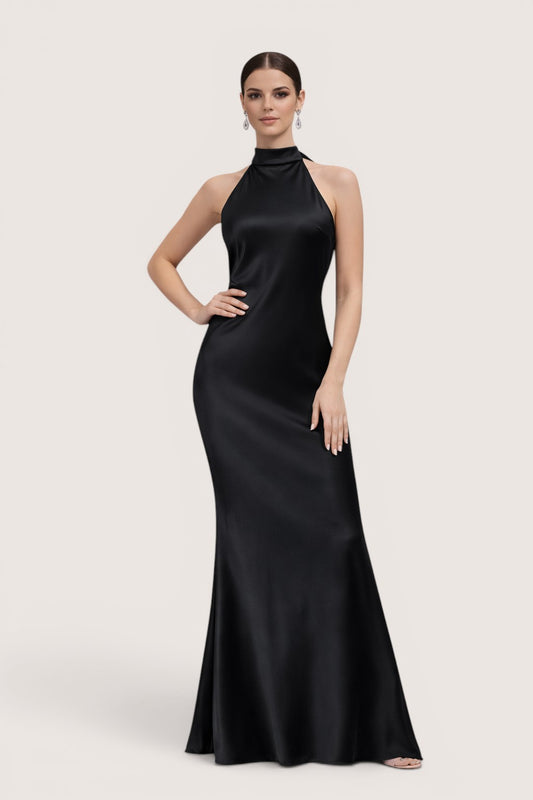 Vestido Largo Halter Satinado Negro