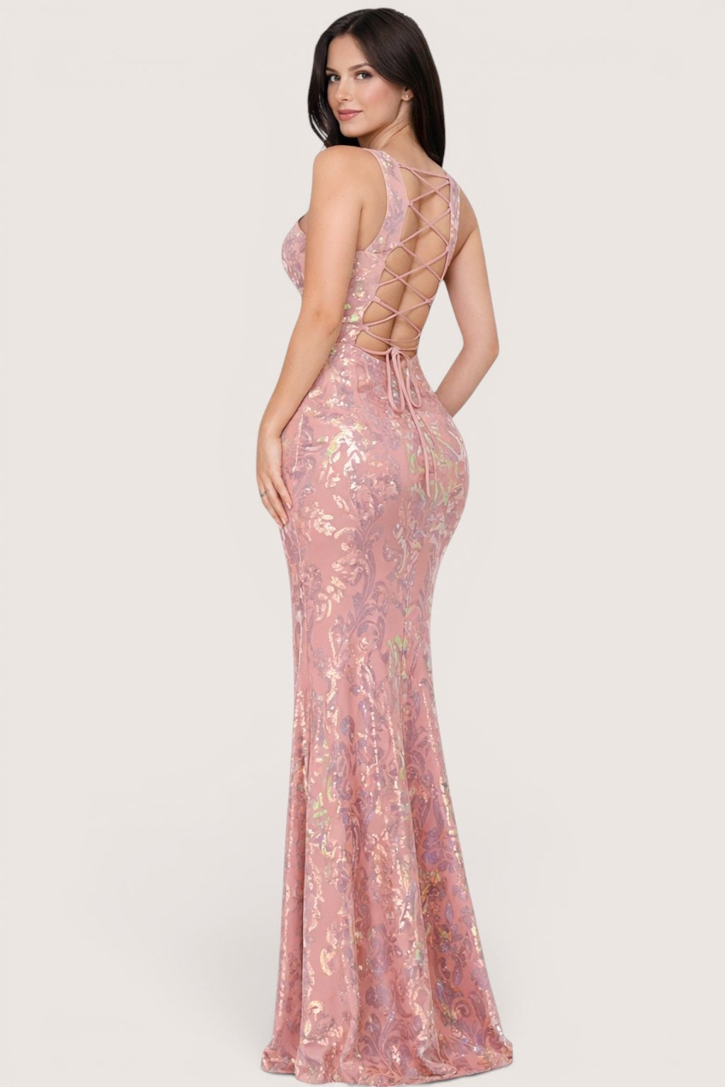 Vestido Largo Rosa Lentejuela con Abertura y Espalda Corset