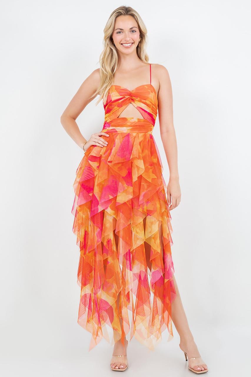Vestido largo capas print multi naranja