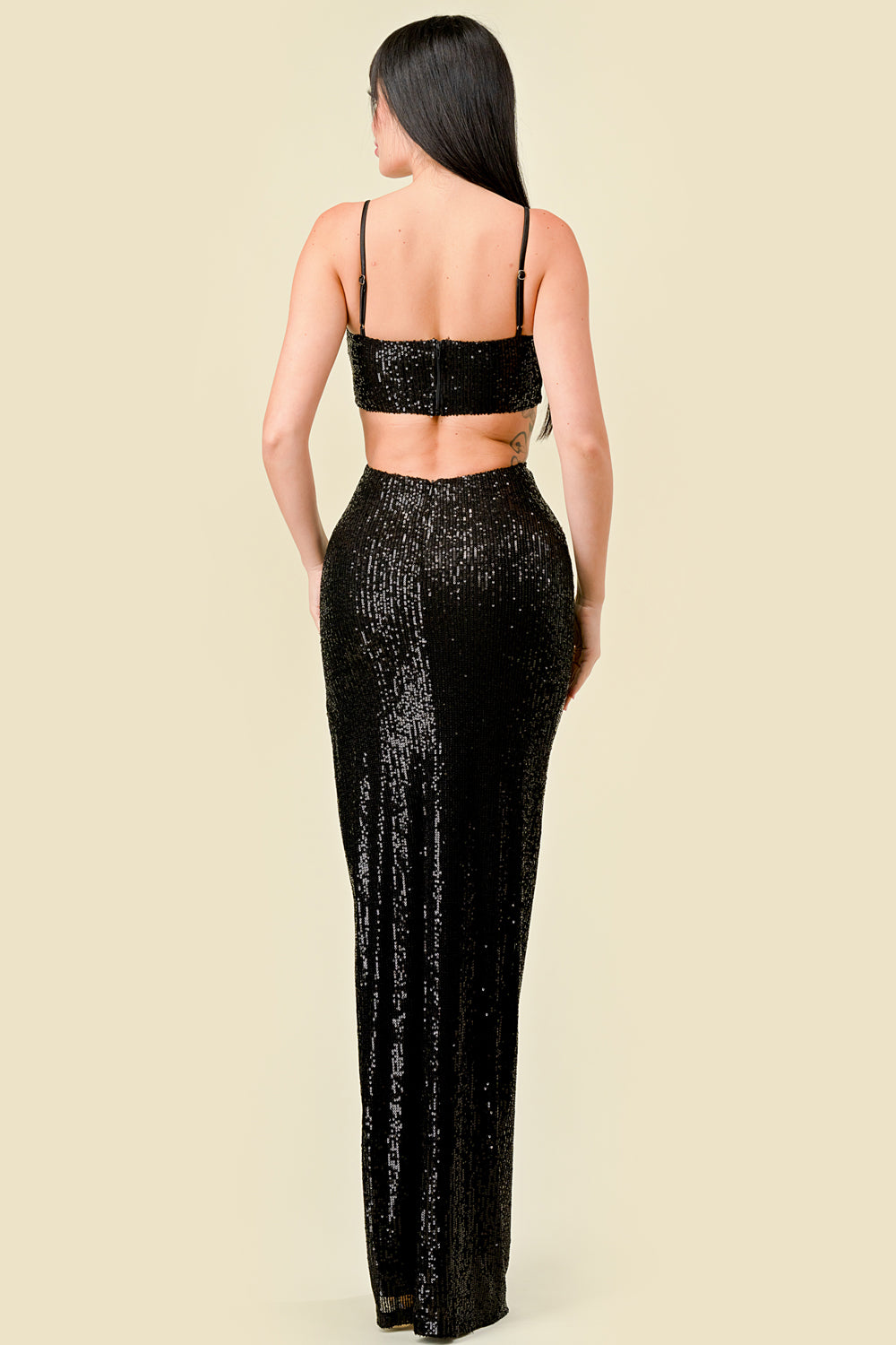 Vestido Largo Pegado Escote Corazon Lentejuela negro
