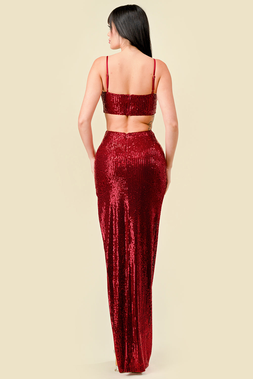 Vestido Largo Pegado Escote Corazon Lentejuela Rojo