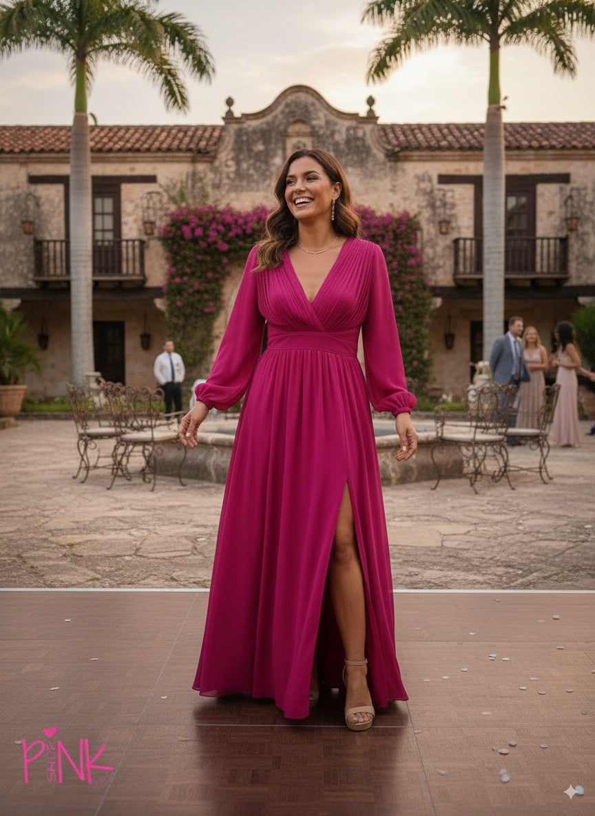 Vestido de Fiesta Largo con Escote en V Manga Larga y Abertura