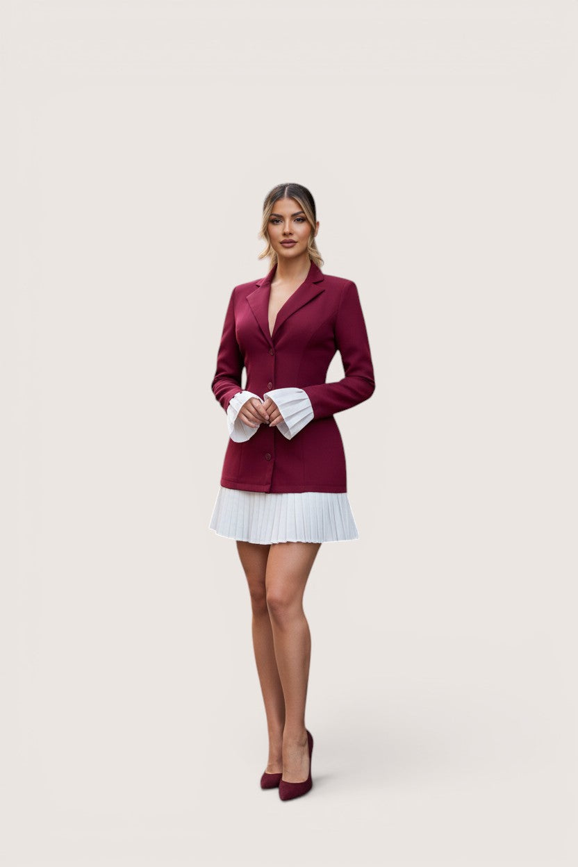 Vestido Blazer Burdeos con Falda Plisada Blanca