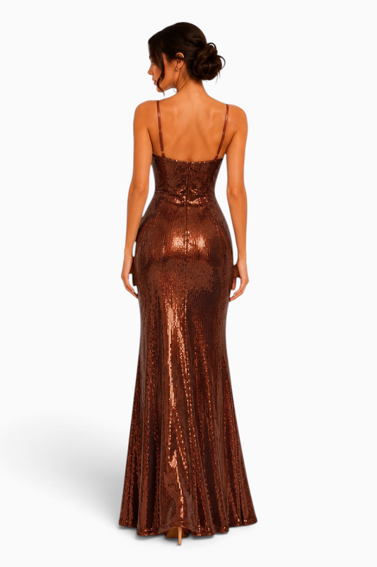 Back view of Pink shop by maf Aurora Copper sequin evening gown with corset bodice and floor-length silhouette