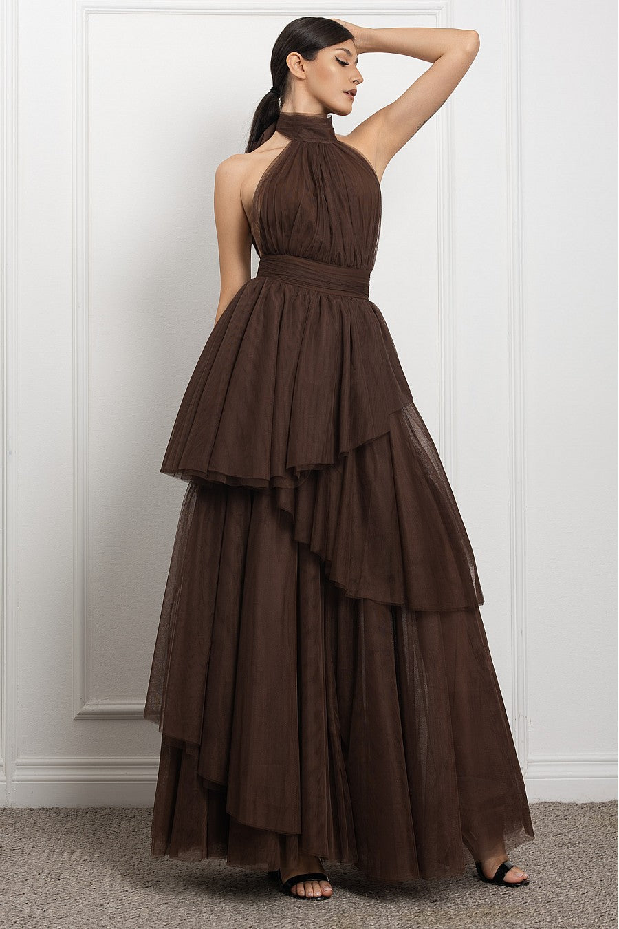 Vestido Largo Tul halter Falda Capas Cafe