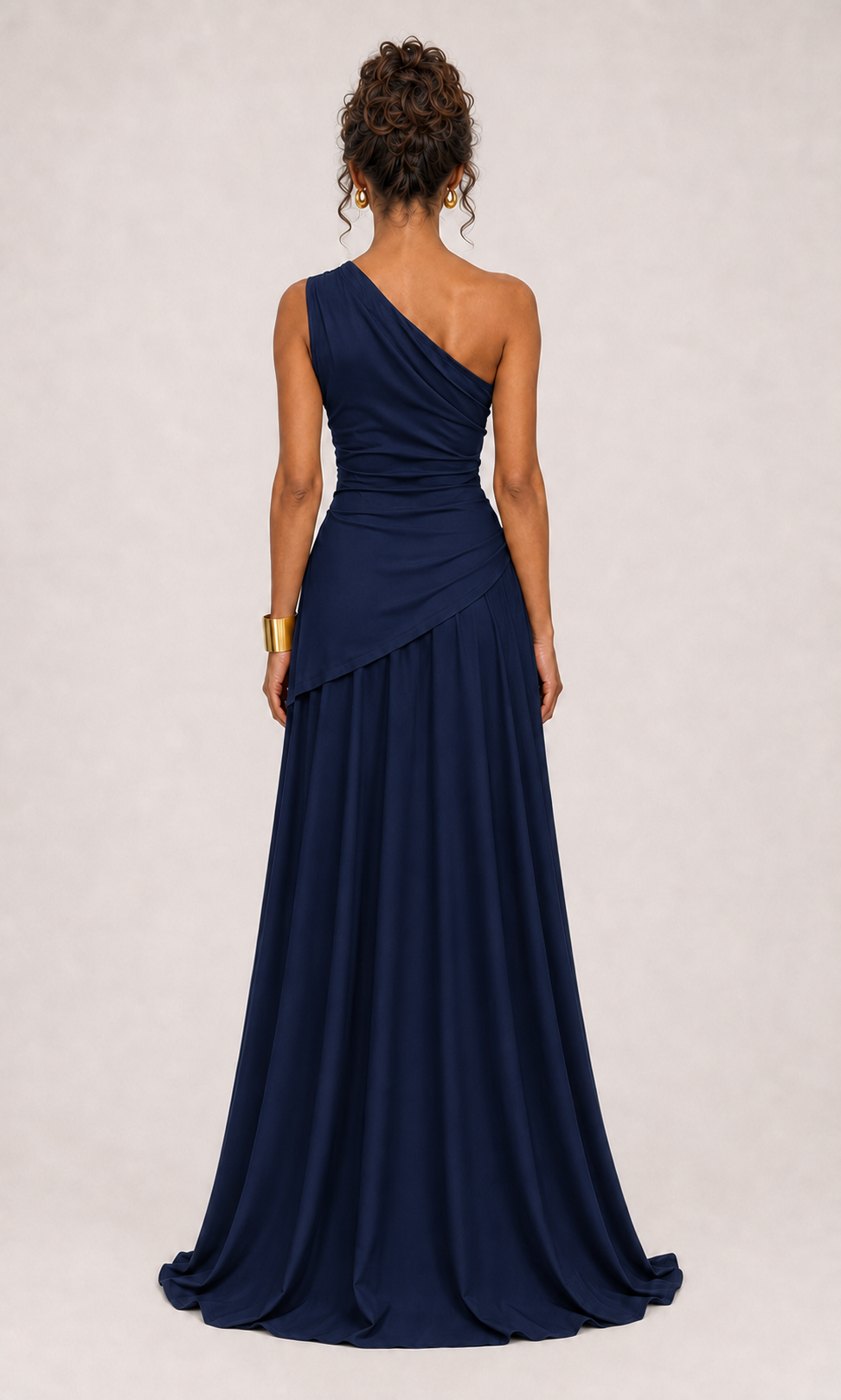 Vestido largo drapeado un hombro marino