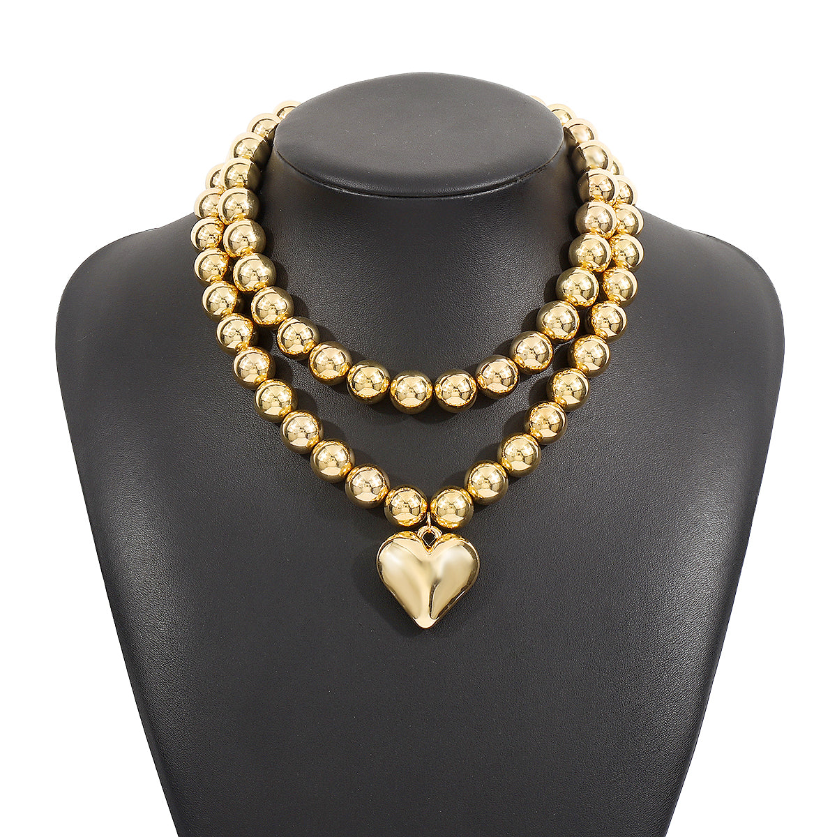 Collar Doble Esferas con Corazón Dorado
