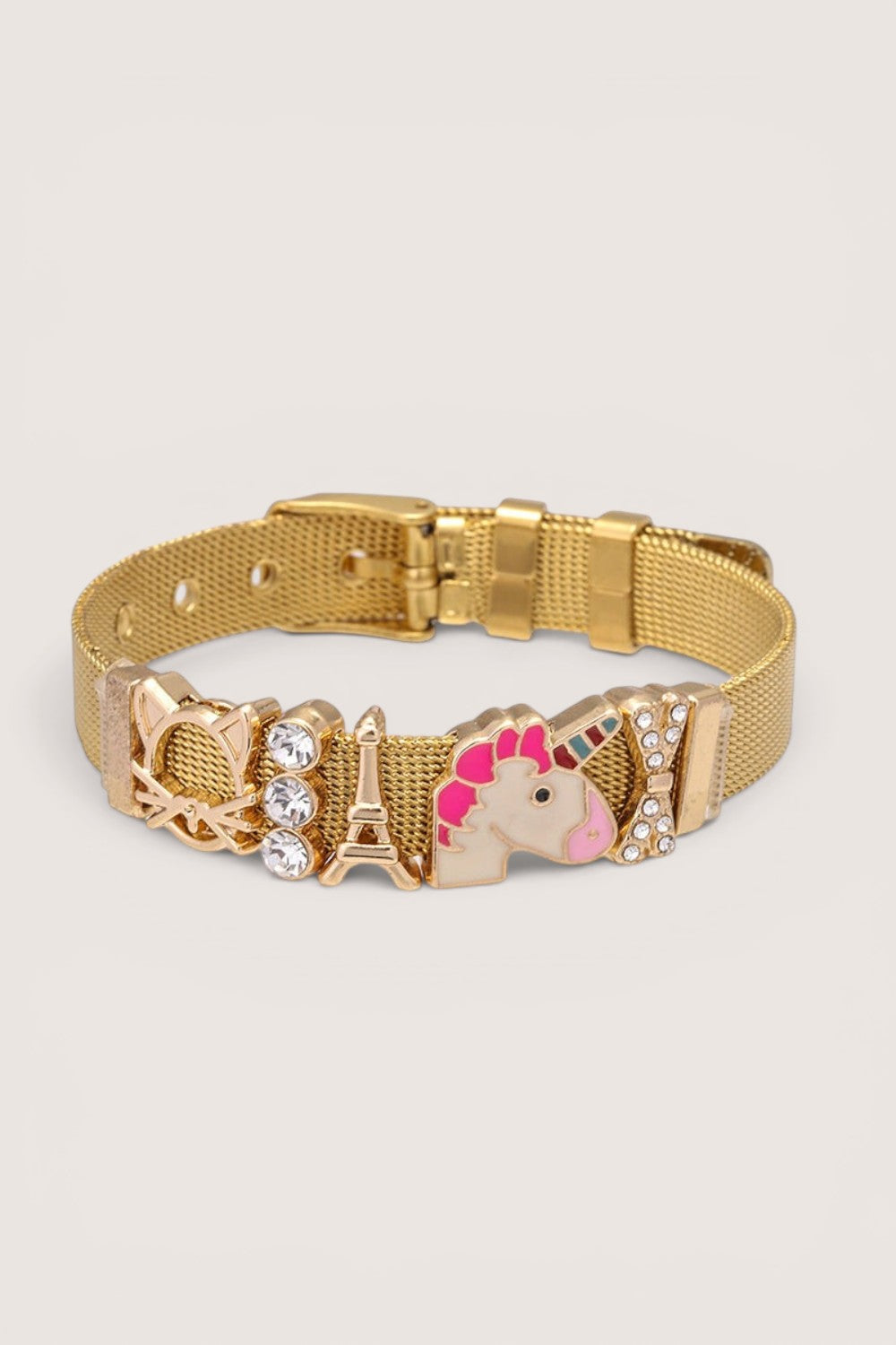 Pulsera Malla Dorada Charms Unicornio y Torre