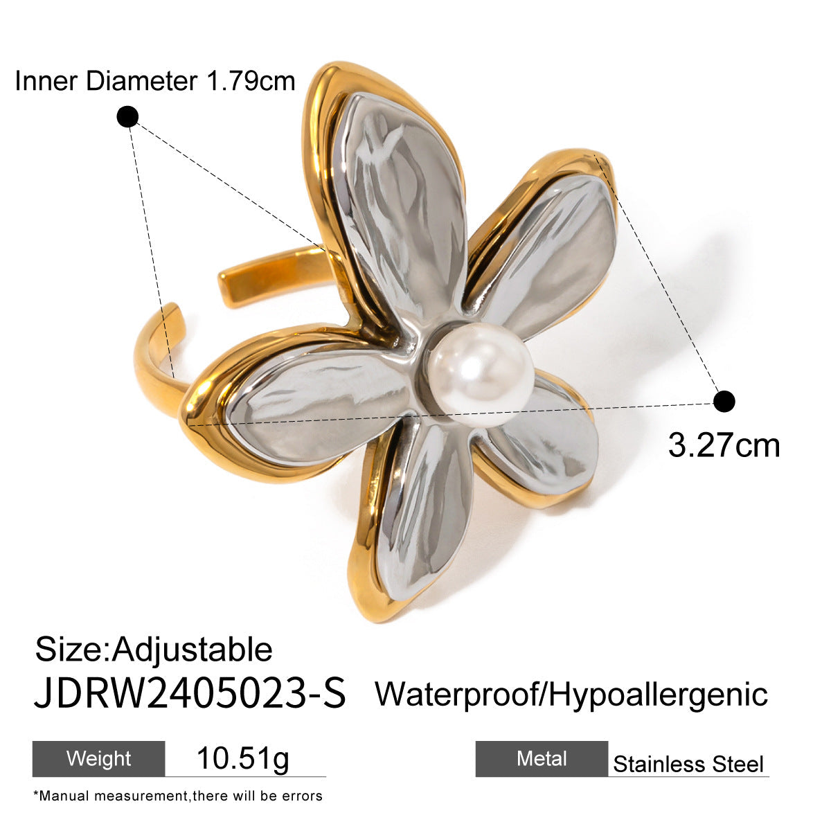 Anillo Ajustable Flor Plateada con Perla