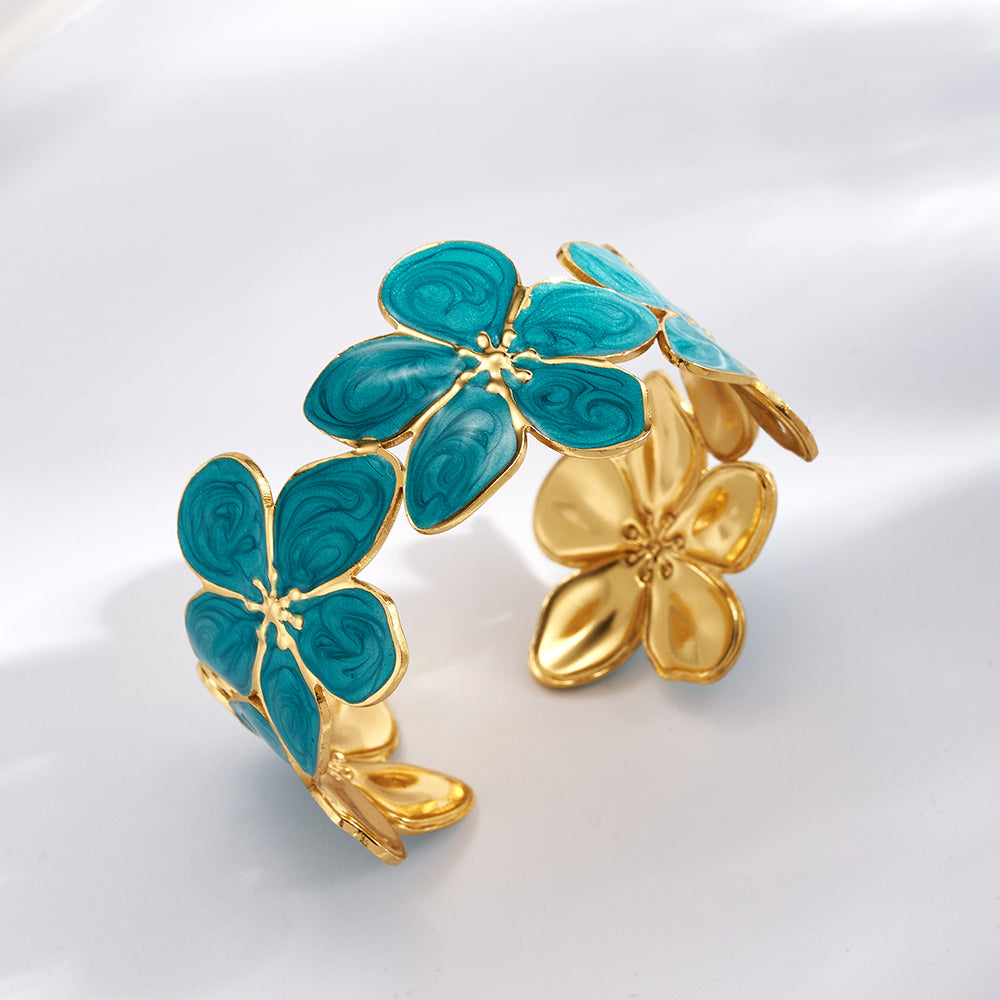 Brazalete Flores Esmaltadas Turquesa y Dorado