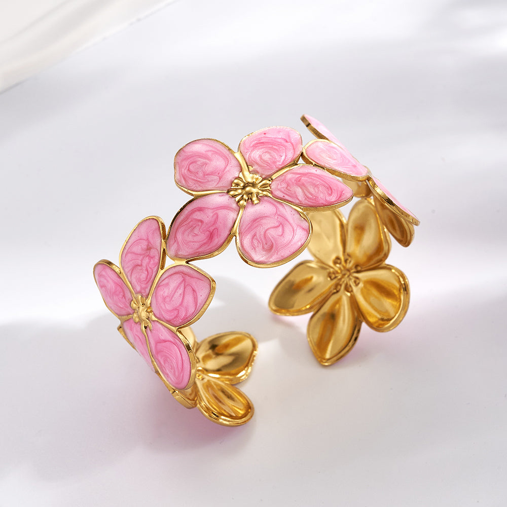 Brazalete Flores Esmaltadas Rosa y Dorado