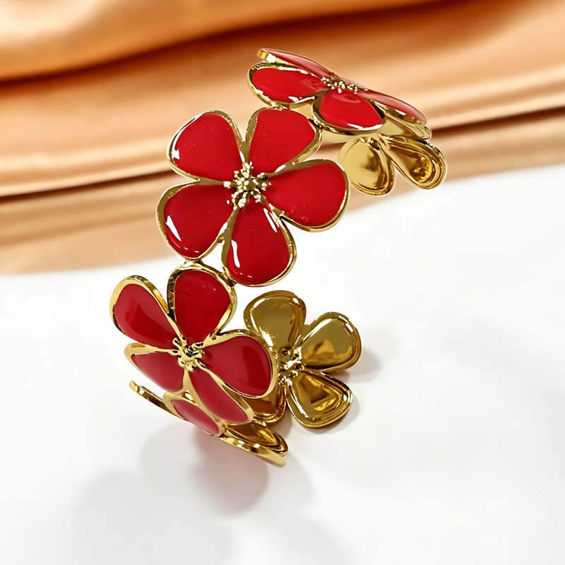 Brazalete de Flores Esmaltadas Rojo y Oro