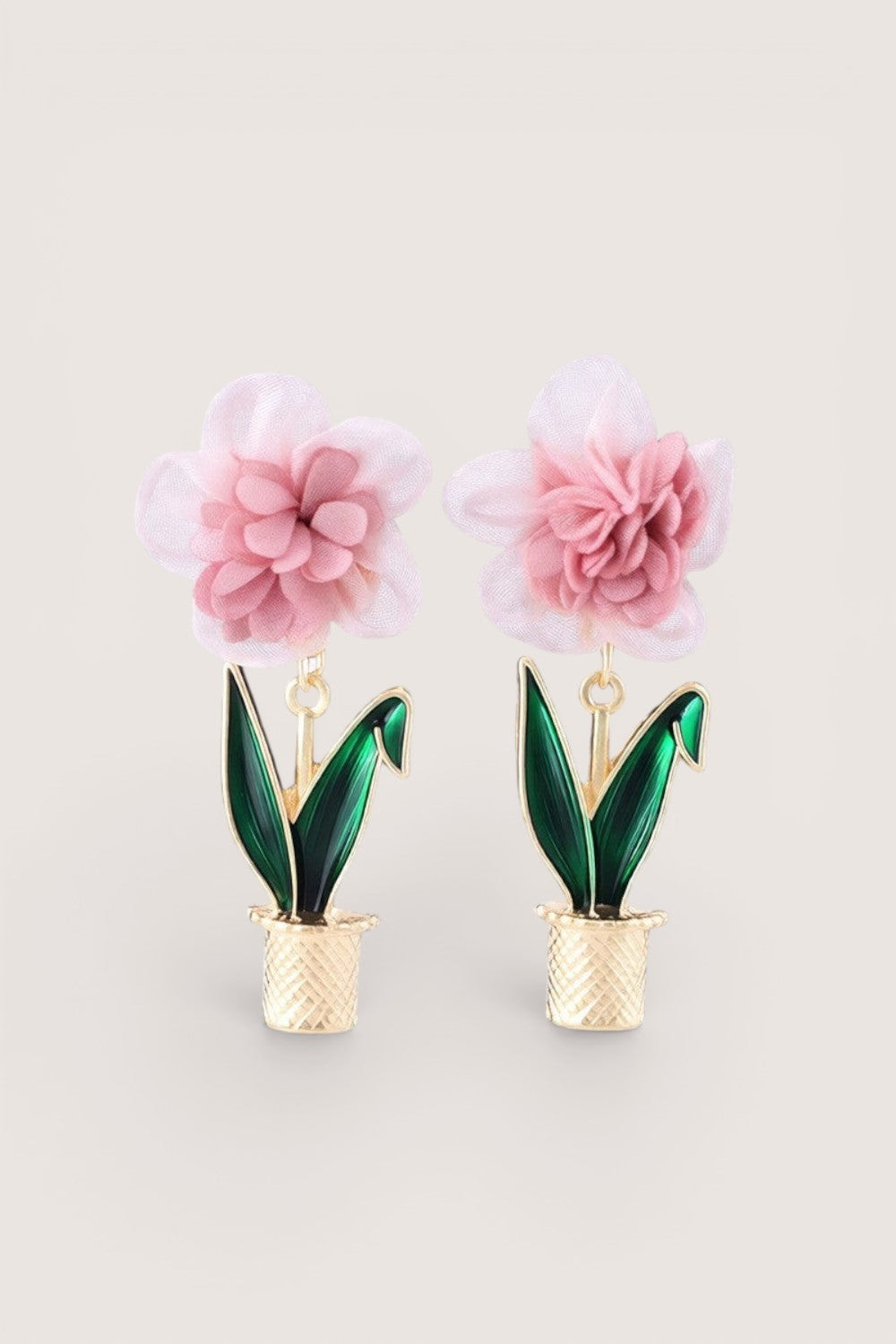 Aretes Flor de Tela Rosa con Maceta Verde