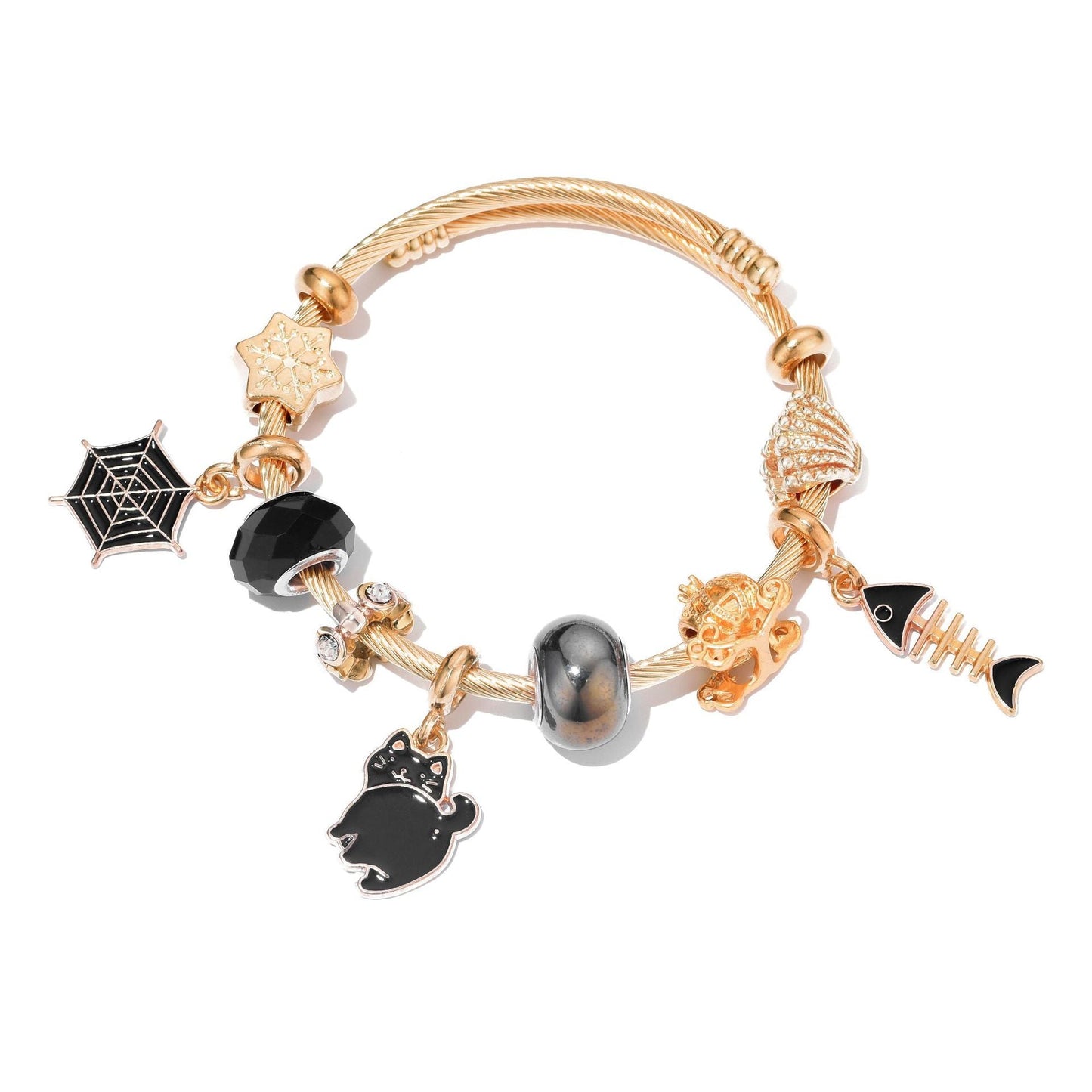 Pulsera Charms Gato Negro y Telaraña Dorada