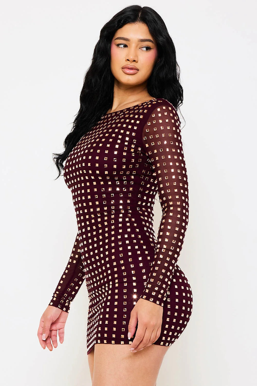 Vestido Corto de Mesh con Piedras Manga Larga Vino