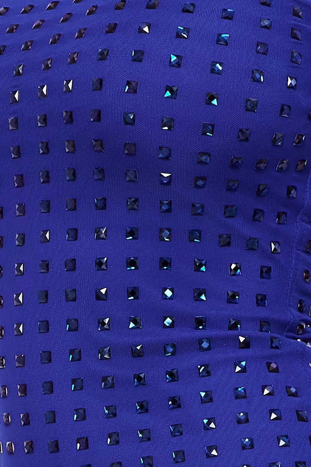 Vestido Corto de Mesh con Piedras Manga larga Azul