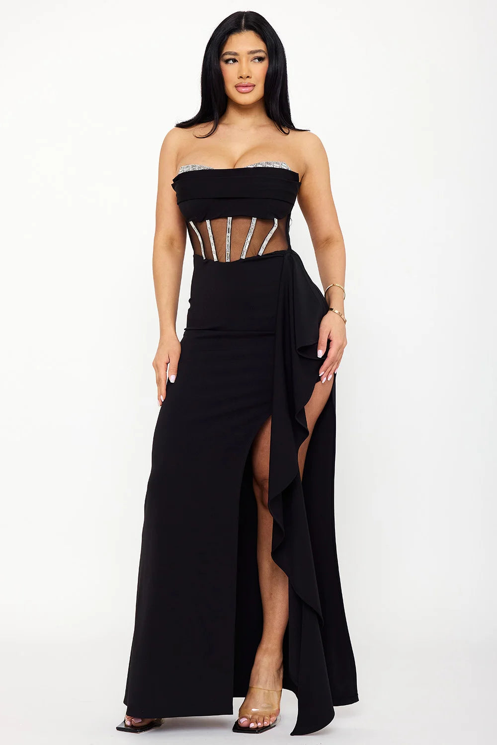 Vestido Largo Pegado escote drapeado con copas con pedrería Negro