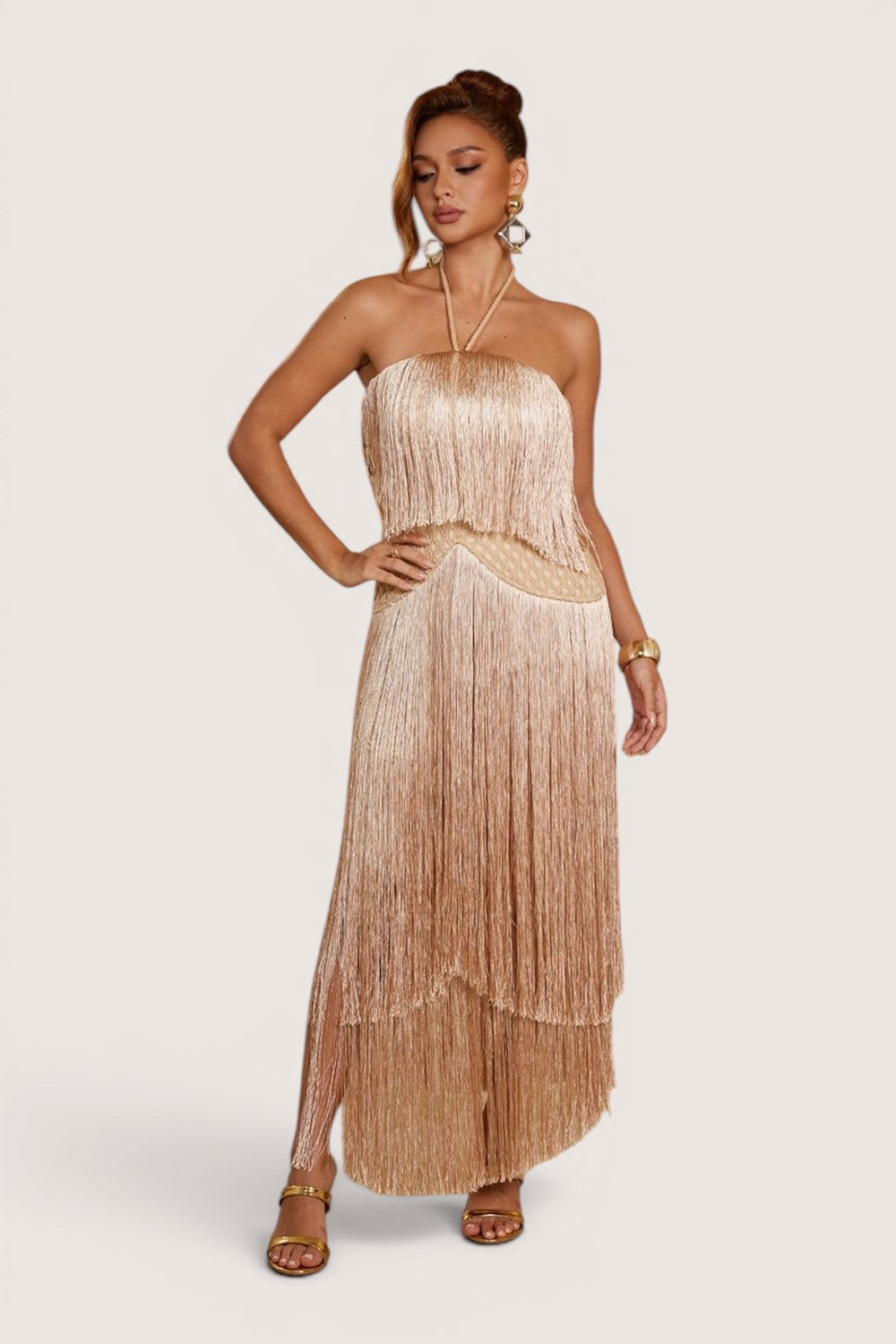 Vestido Largo Caqui Halter Flecos en Capas | T260603