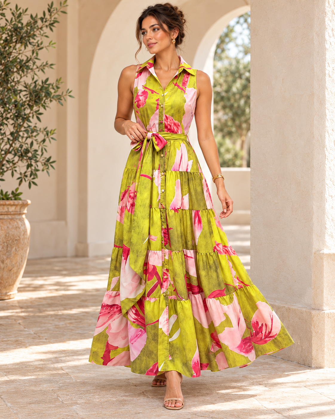 Pink Shop by MAF Vestido maxi camisero estampado floral verde lima, editorial