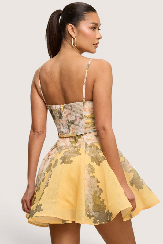 Vestido Corto en A Floral Amarillo Multicolor