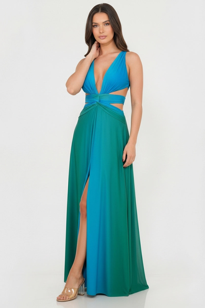 Vestido largo degradé azul-verde detalle