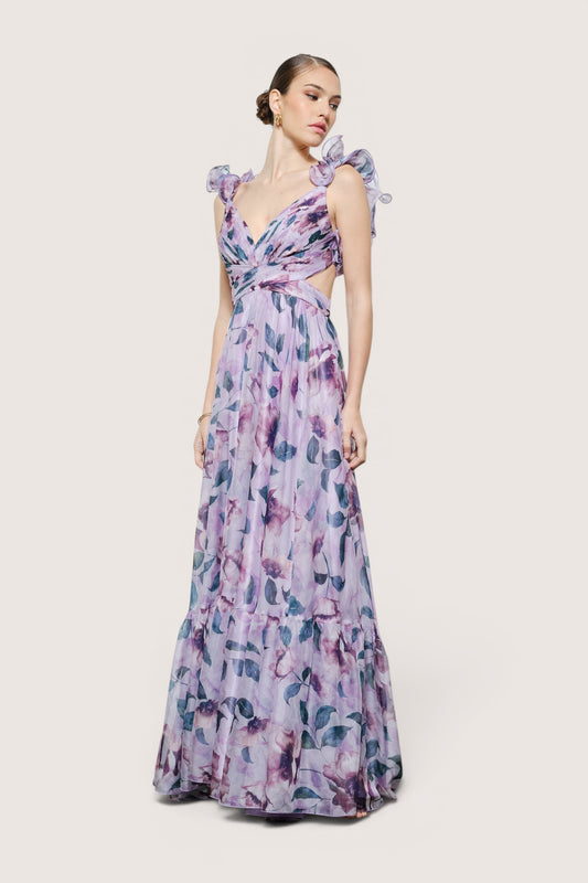 Vestido largo morado lateral