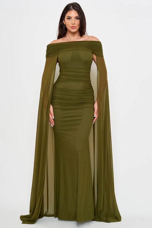 Vestido largo olivo con drapeado en torso y manga capa fluida