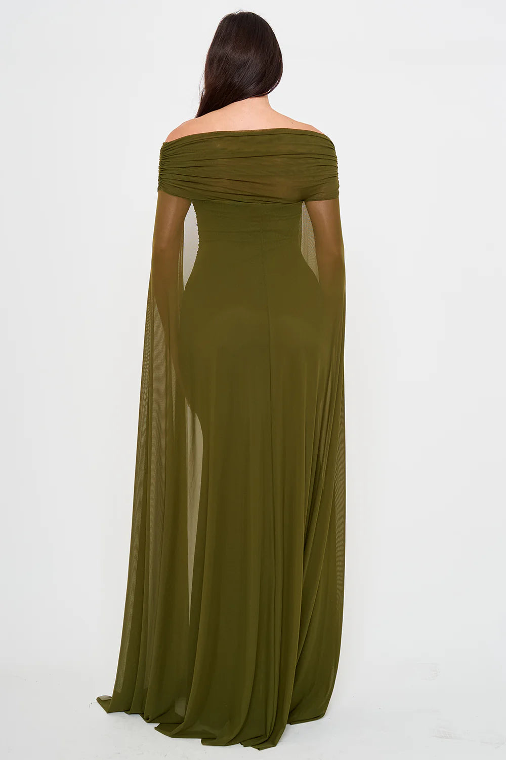 Vestido olivo capa transparente vista detalle