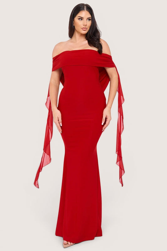 Vestido rojo largo escote off-shoulder con banda doblada