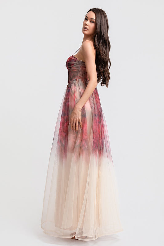 Vestido Largo Nude Tirantes Sweetheart con Abertura Frontal | V260605