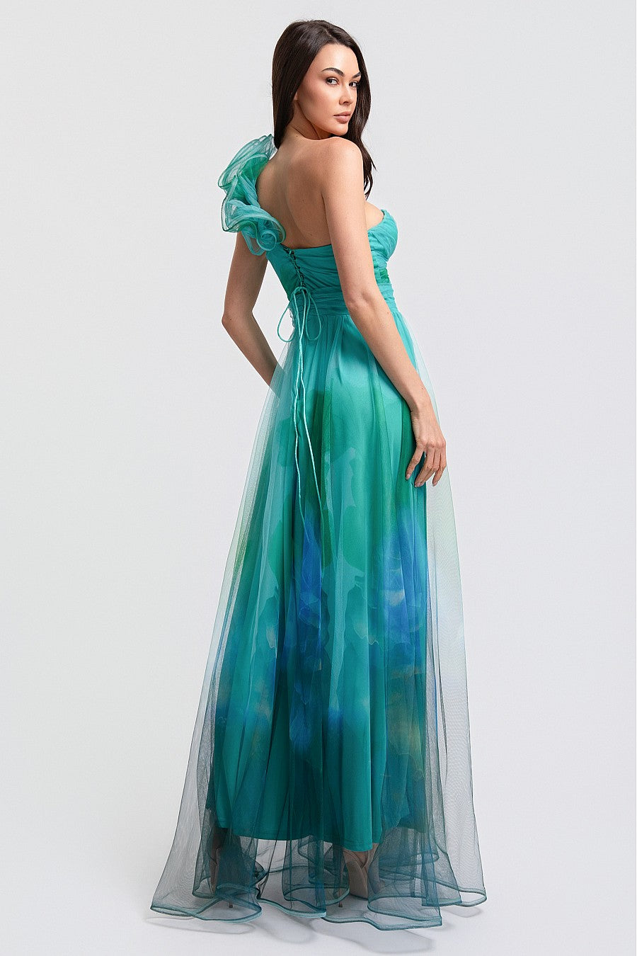 Vestido Largo Verde Salvia Multi Mesh Corset Un Tirante con Olán | V260607