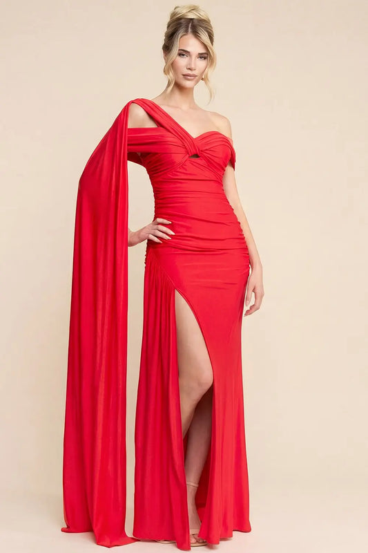 Vestido Largo Rojo Off-the-Shoulder Drapeado con Abertura | V260610