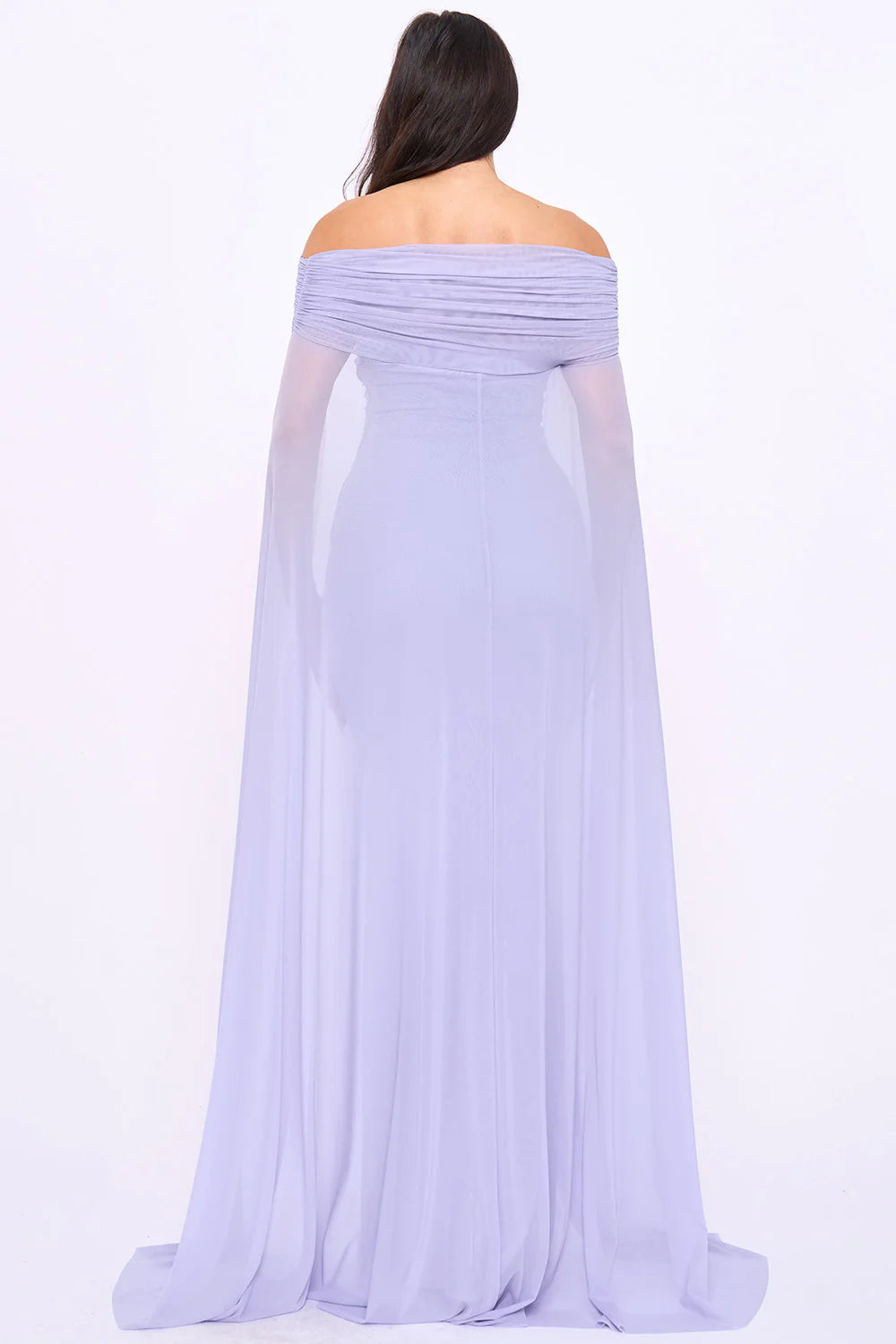 Vestido Largo Azul Violeta Off-the-Shoulder con Capa Fruncida | V260614