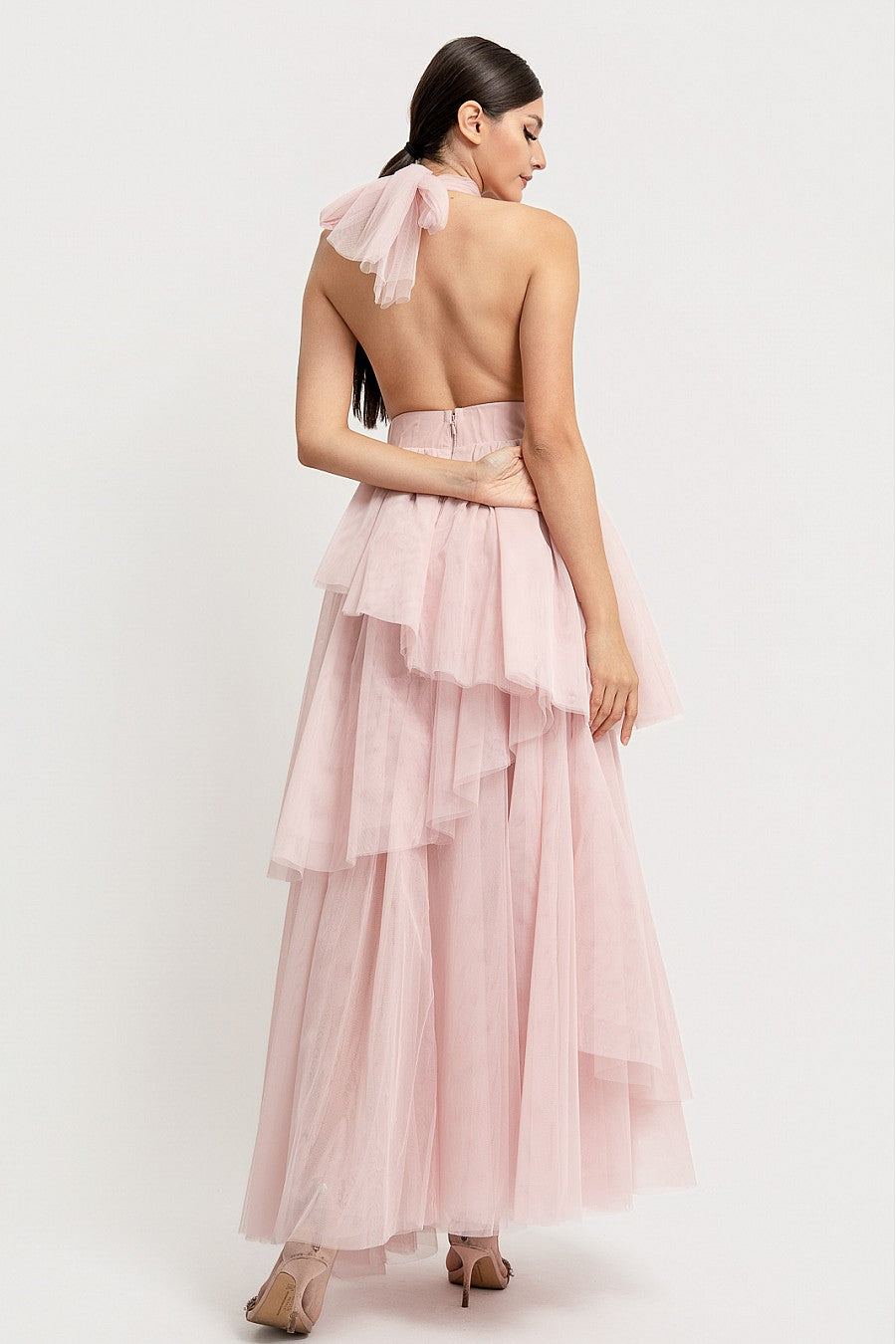 Vista completa vestido largo rosa claro halter tutú - Pink Shop by MAF